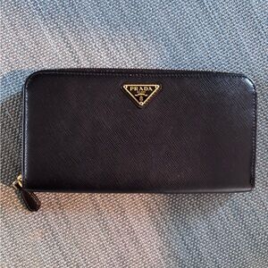 Prada Brown Leather Wallet with Gold Zipper